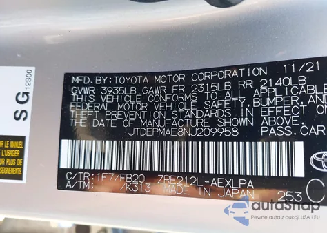 2022 Toyota Corolla Le from USA, damaged, VIN JTDEPMAE8NJ209958